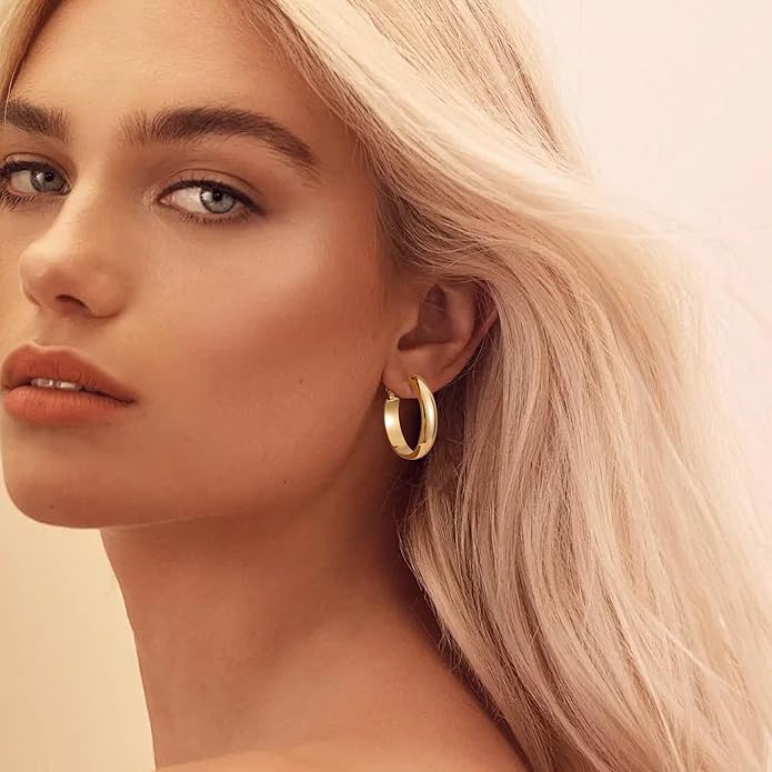 Gacimy 14K Gold Plated Hoop Earrings for Women, 14k Real Gold Plated with 925 Sterling Silver Post, Hypoallergenic Lightweight Thick Hoops Earrings for Women Trendy