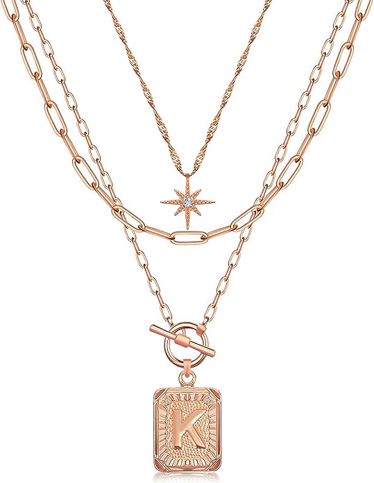 MJartoria Layered Initial Necklaces for Women Trendy, 14K Gold Plated Brass Simple Star Choker Square Letter Pendant Necklace, Paperclip Chain Necklaces Jewelry Gifts