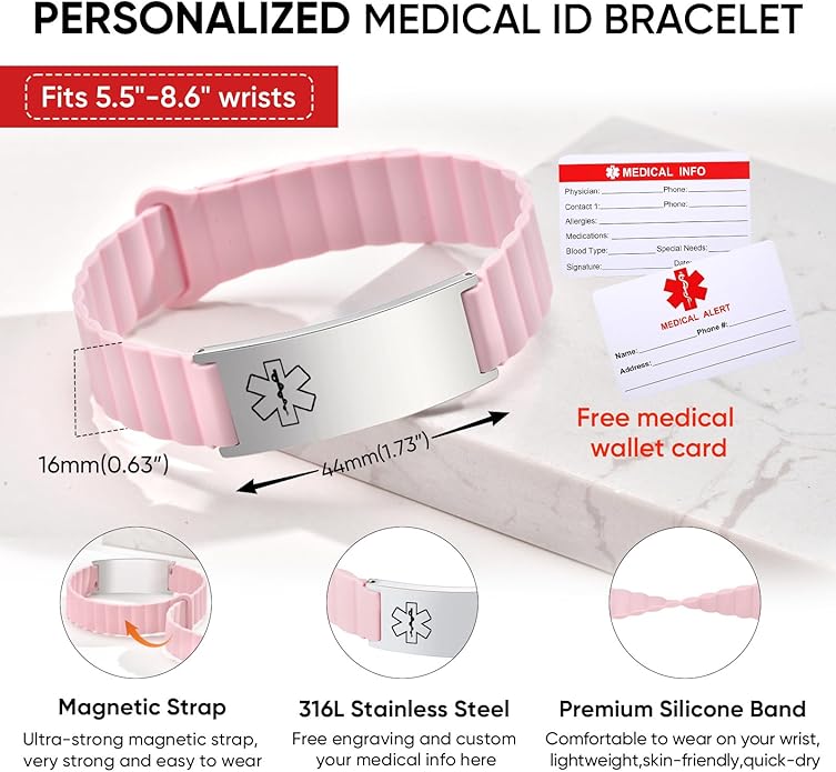 Comfortable Medical ID Bracelet for Men & Women - Custom Engraved Silicone Strap Comfort Fit Medical Alert Bracelets for Sports,Adjustable Waterproof Customizable Wristband for Diabetic