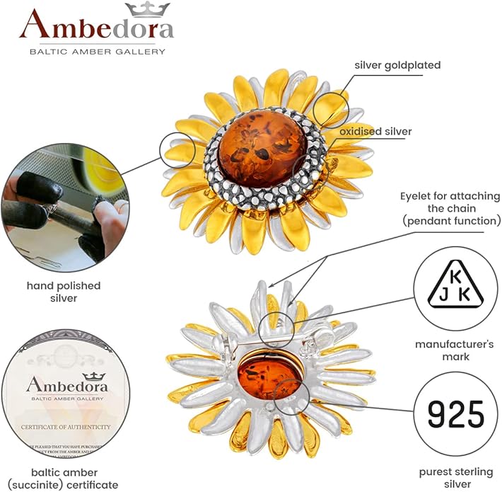 AMBEDORA Women’s Brooch, Polished Sterling Silver, Oxidised and Gilded, Round Baltic Amber in Cognac Colour, Sunflower Brooch with Pendant Function