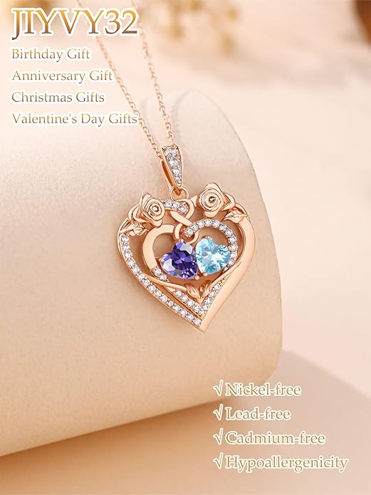 JIYVY32 Rose Heart Necklace for Women Exquisite 925 Sterling Silver Anniversary Birthday Gifts for Wife Mom Her Double Birthstone Pendant Jewelry