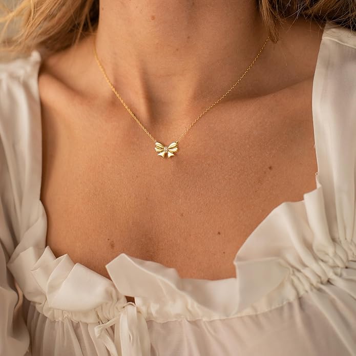 Gold Necklace for Women Dainty Bow Necklace 14K Gold Plated Cute Choker Necklace Small Bow Pendant Charm Necklaces Teen Gift Trendy Stuff Personalized Jewelry Gifts