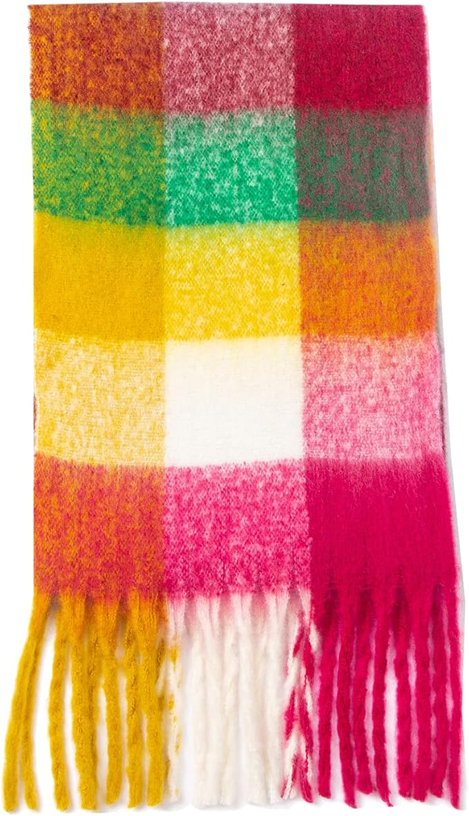SHOHOKU Large Chunky Plaid Scarf Coloured Checked Oversized Scarf Tassel Soft Fall Winter Thick Warm Shawl Women