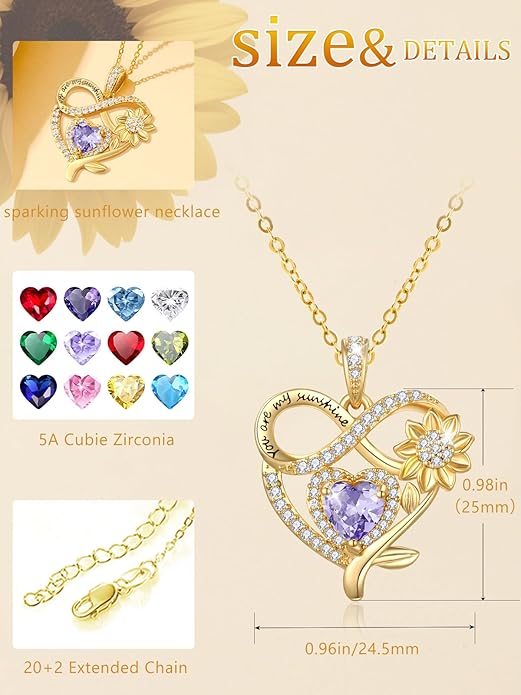 14K Gold Sunflower Heart Necklace for Women, You Are My Sunshine Jewelry with Birthstone Pendant, Anniversary Birthday Gifts for Her Wife Mom Grandma Daughter
