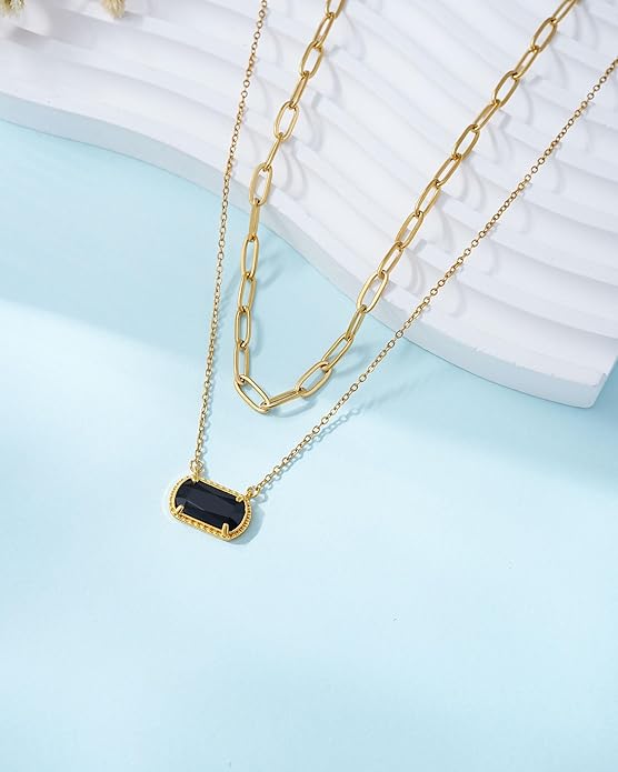 Lourny Gemstone Birthstone Pendant Layered Necklace for Women Trendy, 18K Gold Plated Paperclip Chain Preppy Choker Charm Necklace for Women Wife Jewelry