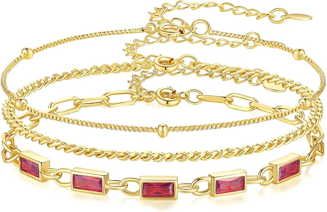 Gold Birthstone Bracelet for Women, 18K Gold Plated Layered Jewelry Bracelet Set, Women Dainty Stackable Bracelets Link Paperclip Chain Valentines Day Gift for Women