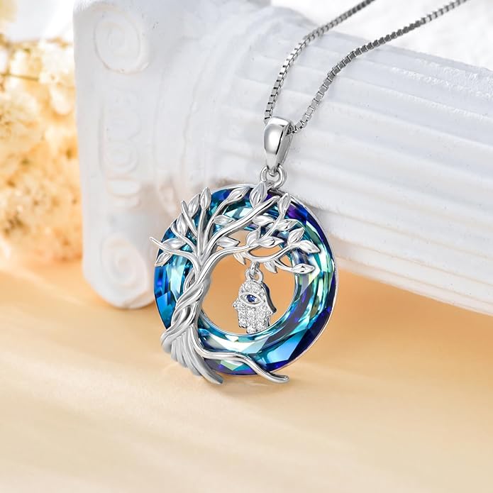 TOUPOP Evil Eye Necklace 925 Sterling Silver Tree of Life Circle Crystal Pendant Necklace Protection Jewelry Amulet Christmas Gifts for Women Her
