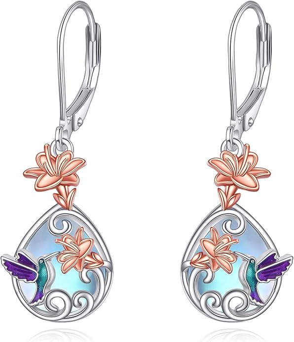 AOBOCO Butterfly/Dragonfly/Bee/Ladybug Leverback Earrings 925 Sterling Silver Rose Lotus Tulip Flower Filigree Dangle Earrings Teardrop Moonstone Larimar Turquoise Abalone Shell Jewelry Birthday Gifts for Women