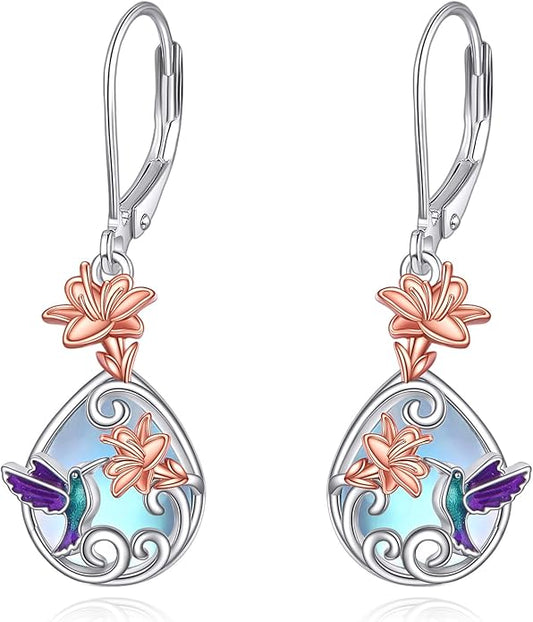 AOBOCO Butterfly/Dragonfly/Bee/Ladybug Leverback Earrings 925 Sterling Silver Rose Lotus Tulip Flower Filigree Dangle Earrings Teardrop Moonstone Larimar Turquoise Abalone Shell Jewelry Birthday Gifts for Women