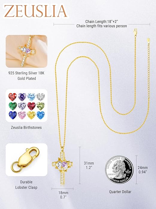 Zeuslia Double Birthstone Necklace Gifts for Wife - 925 Sterling Silver Sunflower/Rose/Crown Cross/Compass/Heart Pendant I Love You Necklace, Anniversary Birthday Gifts for Wife Girlfriend Mom Her