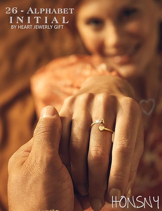 Honsny Gold Initial Rings for Women Non Tarnish 18K Gold Plated Heart Initial Stackable Rings Adjustable Pinky Rings for Women Cute Dainty Alphabet Capital Letter Rings Jewerly Gift