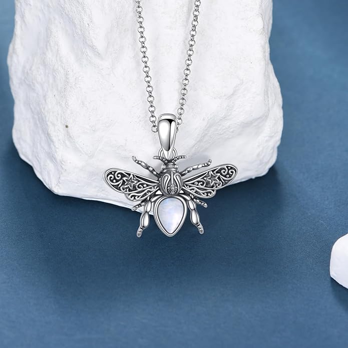 Bee Moonstone Necklace, 925 Sterling Silver Vintage Pendant with Natural Gemstone, Boho Hypoallergenic Jewelry Gift for Her