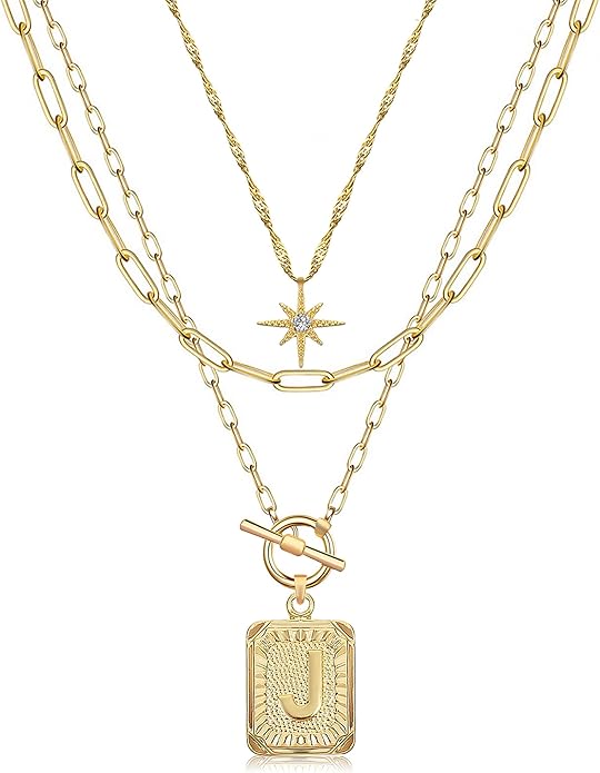 MJartoria Layered Initial Necklaces for Women Trendy, 14K Gold Plated Brass Simple Star Choker Square Letter Pendant Necklace, Paperclip Chain Necklaces Jewelry Gifts