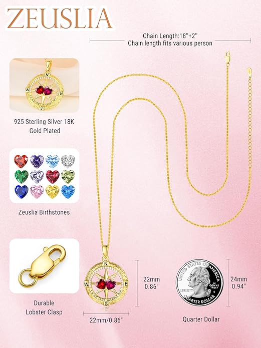 Zeuslia Double Birthstone Necklace Gifts for Wife - 925 Sterling Silver Sunflower/Rose/Crown Cross/Compass/Heart Pendant I Love You Necklace, Anniversary Birthday Gifts for Wife Girlfriend Mom Her
