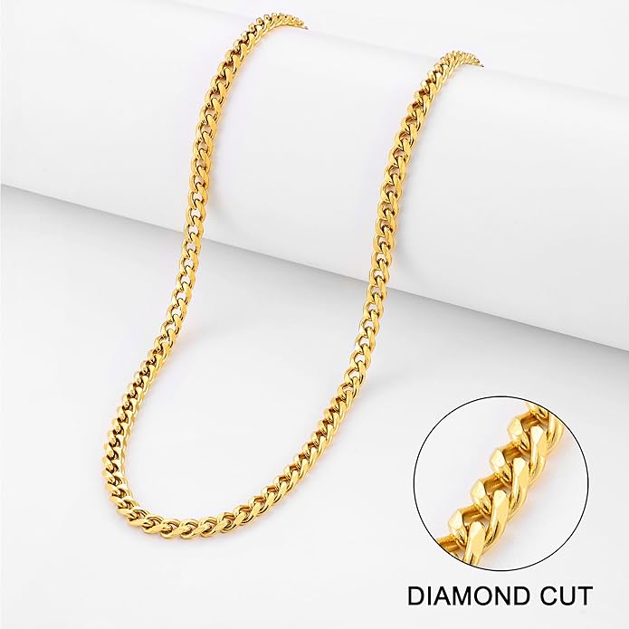 sovesi 3.5/5mm Cuban Link Chain Necklace for Men, Silver Tone/Black/14K Gold Plated Stainless Steel Necklace Chain, Mens Chain 16-28 Inch Jewelry Gift
