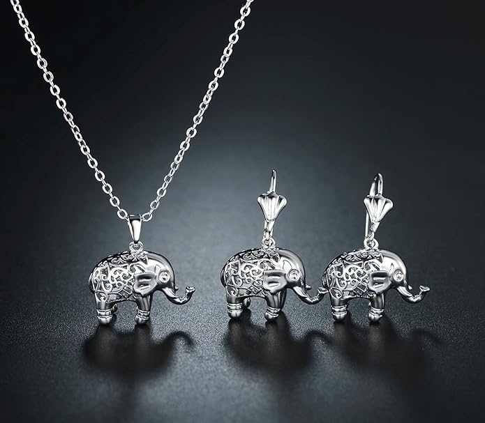 Barzel 18K Gold Plated Filigree Elephant Earrings and Necklace Jewelry Set