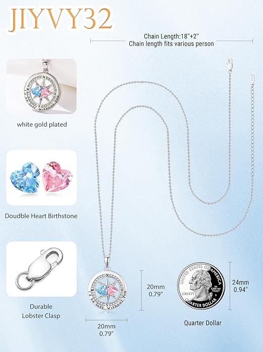 JIYVY32 Compass Birthstones Necklace for Women, Exquisite S925 Necklace Anniversary Birthday Gifts for Wife Her Double Birthstone Pendant jewelry ‘I'd be Lost Without You’