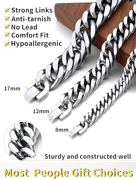 ChainsHouse Stainless Steel Cuban Link Bracelet, 8mm/12mm/17mm Width, 7.5"/8.3"/9", 18K Gold Plated Chain Wrist Bracelets for Men Women, Send Gift Box