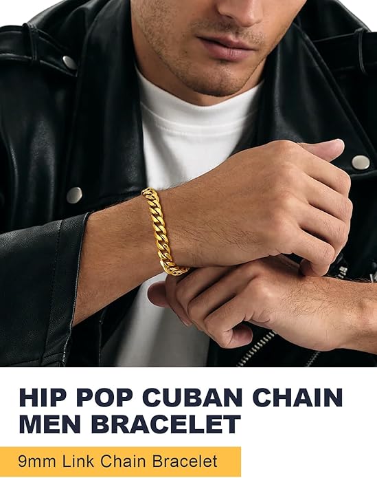 U7 Link Bracelets for Men, Cuban Link/Rope/Watch Band Solid Bracelet, Silver Black Gold Color Wrist Bracelet 3/6/9/12/15mm Width, 6.5/7.5/8.3 Inch Length, Hand Chain Jewelry for Mens Women