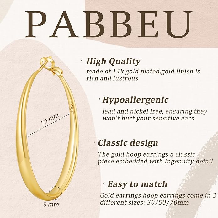 PABBEU S925 SterlingSilver Hoop Earrings Hypoallergenic Silver Hoop Earrings for Women Lightweight Large Sterling Silver Hoops Earring 30/50/70mm