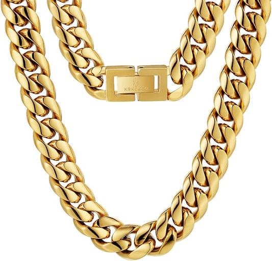 KRKC&CO Cuban Link Chain for Men 8/10/12/14mm, Brithday Gift for Men, 18k Gold Miami Necklace, Durable, Anti-Allergies Hip Hop Jewelry for Mens