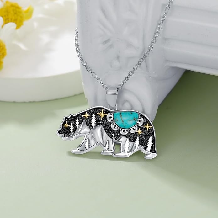 Turquoise Bear Necklace 925 Sterling Silver Genuine Blue Turquoise Vintage Nature Bear Pendant Western Jewelry Gifts for Women