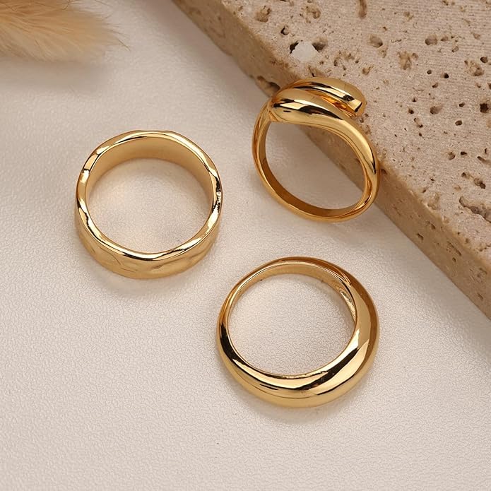 Chunky Gold Rings for Women Non Tarnish, 18K Gold Plated Statement Dome Rings Stacking,Thumb Ring, Mens Silver Eternity Wedding Band Jewelry Size 5-11