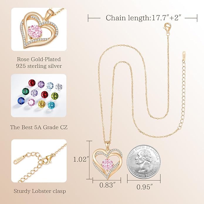 LOUISA SECRET Love Heart Birthstone Necklaces for Women, Birthday Gift for Girlfriend, Anniversary Jewelry Gift for Wife Her, 925 Sterling Silver Women Pendant Necklace, Mother's Day Christams Gift