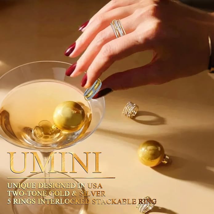 18K Gold plated Stackable Rings For Women Silver And Gold Stackable Ring Set Cubic Zircon Mixed Metal Rings For Engagement Wedding Birthday Valentine's Day Mother's Day Gift