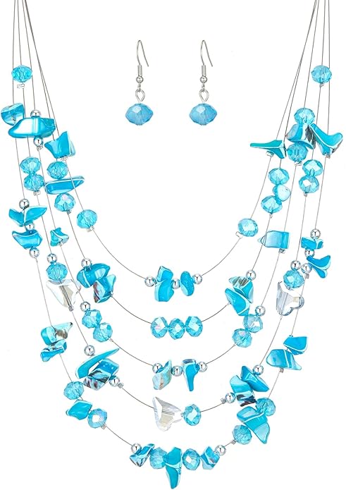 Multi-Layer Boho Shell Beaded Necklace for Women Colorful Crystal Strand with Silver Beads Statement Collars Necklace and Earrings Costumes Jewelry Sets for Women