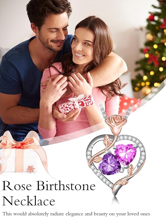 Christmas Gifts for Women Rose Heart Birthstone Pendant Necklace I Love You Forever Jewelry Valentine Mothers Day Birthday Gifts for Women Her Wife Girlfriend