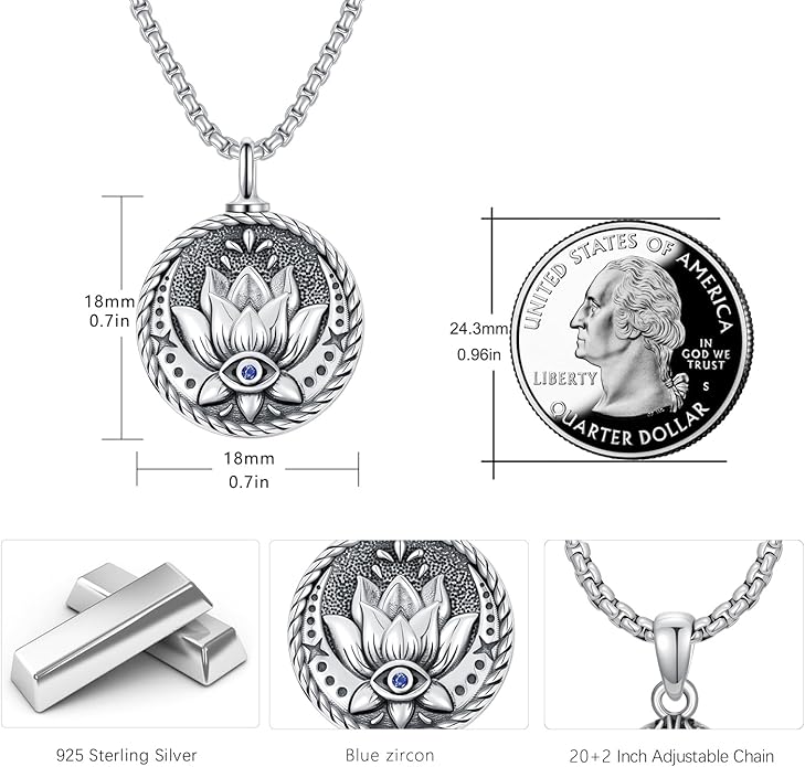 Evil Eye Necklace for Women 925 Sterling Silver, Protection Necklace with Blue Evil Eye Charm, Evil Eye/Lotus Pendant Jewelry, Birthday Christmas Gifts for Her