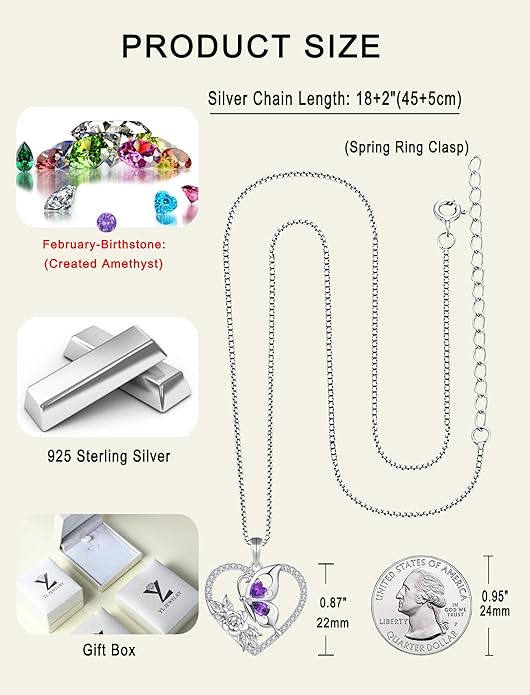 YL Women's Butterfly Necklace 925 Sterling Silver Flower Rose Pendant Birthstone Halo Jewelry