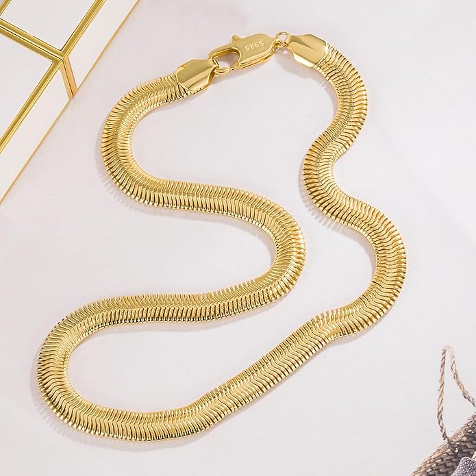 Dankadi Men 925 Sterling Silver Necklace Italian 6MM-8MM Flexible Flat Snake Chain Choker 16-30 Inch 24K Gold plated Fine Jewelry Gifts for Women