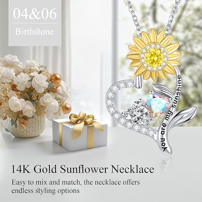 PERJI Valentine's Day Gifts for Women - 925 Sterling Silver Double Birthstone Sunflower Necklace, Anniversary Birthday Jewelry You are My Sunshine Gifts for Wife Couple Girlfriend 18"+2" Non Tarnish