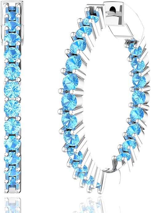 Hoop Earrings with 40 Colored Gemstones, Birthstone Earrings, 925 Sterling Silver Rhodium Plated, Push Back Closure, 1.18'