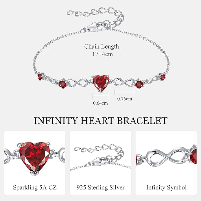 G&GEMSJEW Infinity Heart Birthstone Bracelets for Women, 925 Sterling Silver Women Charm Link Bracelet Adjustable, Birthday Anniversary Christmas Jewelry Gifts for Women Wife Mom Girlfriend Her