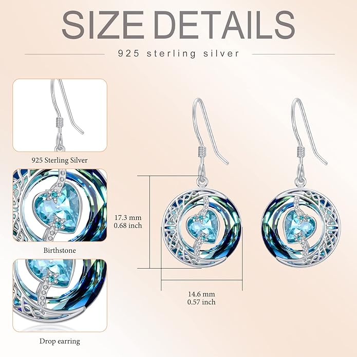 TOUPOP Birthstone Earrings for Women 925 Sterling Silver Moon and Star Dangle Earrings with Blue Crystal BirthdayJewelry Christmas Gifts for Women