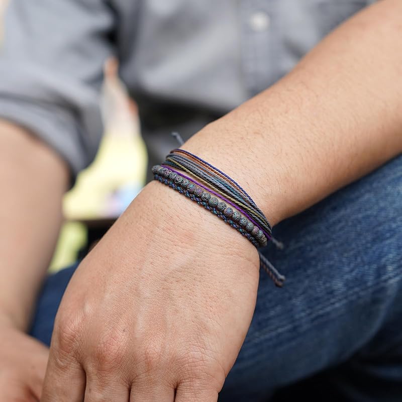 Handmade Natural Stone Beaded Healing Bracelet Gift for Men Adjustable Rope String Bracelet (Colorful Lava)