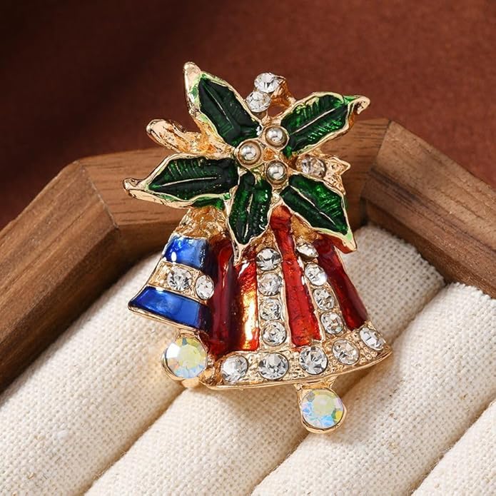 ONLYJUMP Christmas Bell Brooch Pins for Women Girls Lovely Crystal Christmass Tree Snowflake Bell Reindeer Snowman Brooches Colorful Xmas Enamel Pins Holiday Party Gift