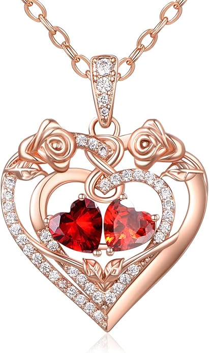 JIYVY32 Rose Heart Necklace for Women Exquisite 925 Sterling Silver Anniversary Birthday Gifts for Wife Mom Her Double Birthstone Pendant Jewelry