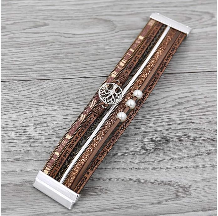 Fesciory Leopard Bracelet for Women, Boho Leather Wrap Multi-Layer Pearl Crystal Bracelet Bangle Jewelry