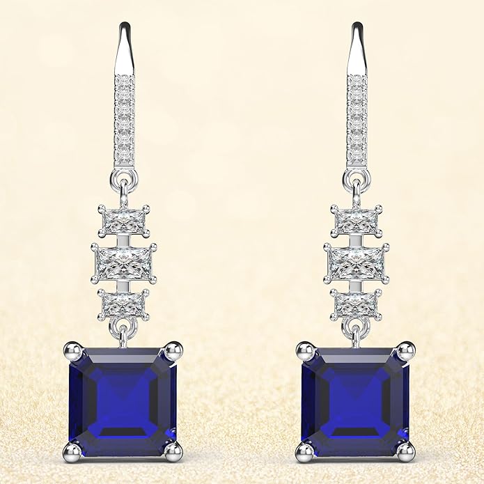 18K White Gold Plated Sterling Silver Asscher Cut Cubic Zirconia Dangle Earrings for Women Square CZ Diamond Drop Dangling Earrings for Women Mom