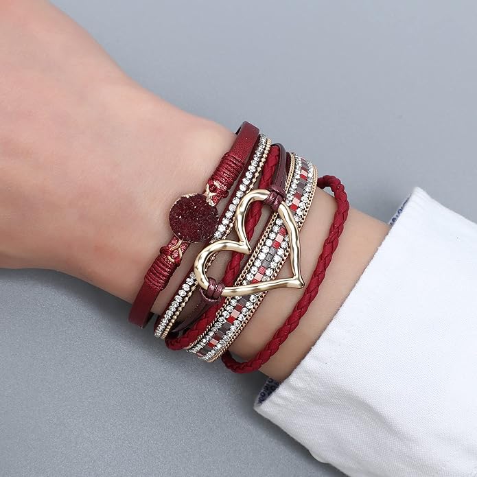 Leather Wrap Bracelet for Women Beaded Cuff Bracelet with Heart-shape Decor Bohemian Crystal Bracelet Jewelry with Clasp Bangle Bracelet for Women Girls Birthday Holiday Gift