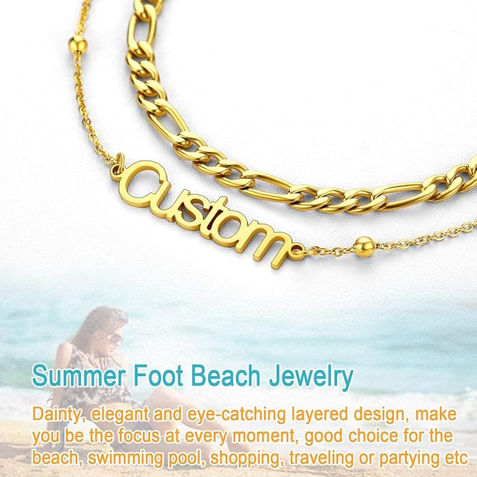 U7 Custom Layered Ankle Bracelets for Women Stainless Steel Bead/Cuban/Figaro/Rope/Wheat Chain Anklet Waterproof Anklet Jewelry for Beach Vacation