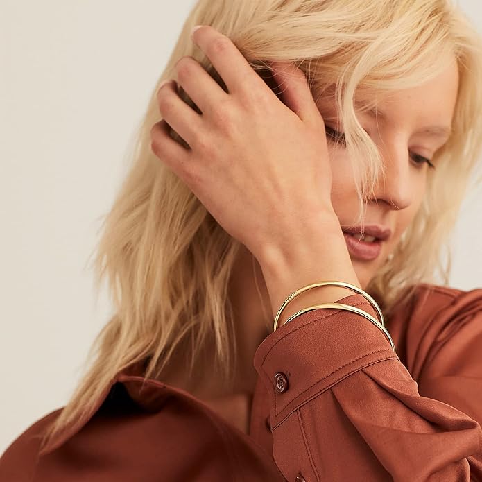 Kainier 3mm 14K Gold Plated Bracelet Stainless Steel Glossy Stackable Thin Round Bangle Bracelet for Women Solid Plain Polished Bracelet Best Gifts for Love