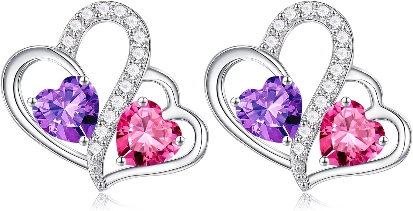 Iefil Valentines Day Gifts for Her - Birthstone Earrings Gift for Women, 925 Sterling Silver Double Heart Birthstone Earrings | Anniversary Birthday Gifts for Women, Personalized Jewelry for Wife Mom