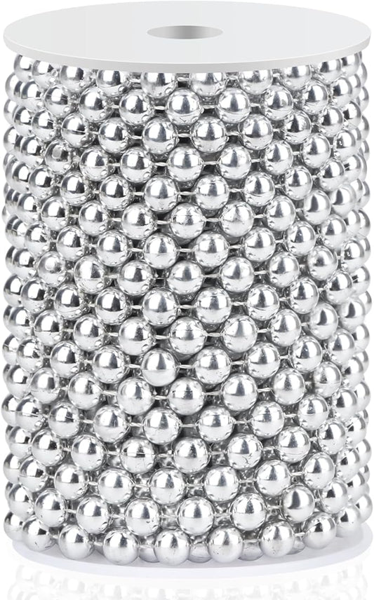 Craft String Pearls 10MM Pearl Bead, 33 Feet Silver Faux Pearl Garland Spool Roll Strand Wedding Party Decoration, Christmas Tree Decorations
