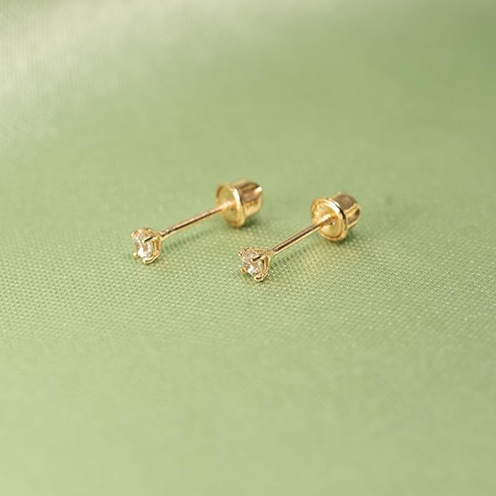 14k Gold Cubic Zirconia Stud Earrings for Women & Men (2mm-6mm Diameter) - CZ Simulated Diamond, Real Solid 14K Gold, Secure Screw Back