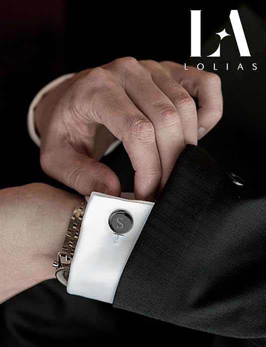 LOLIAS 3 Pairs Initial Cufflinks For Men Classic Mens CuffLinks Set Letter Cuff Links for Casual to Formal with Gift Box Silver Black 14K gold plated Cufflinks for Father Husband